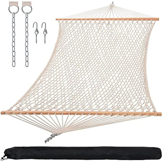 SUNCREAT Hammocks Traditional Rope Double Hammock with Hardwood Spreader Bar and Carrying Bag, 450 lbs Capacity, Natural