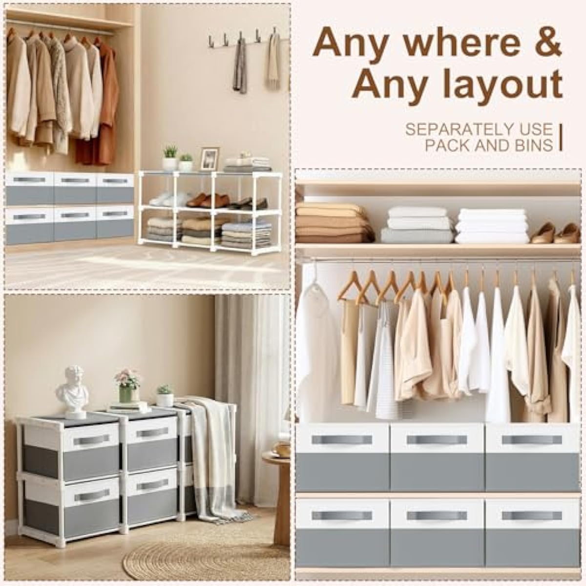 Thyle Large Cube Storage Organizer Shelf with 6 Bins 14 Inch Fabric Collapsible Cubby Storage Drawers Shelving Unit for Christmas Ornaments Clothes Toys Craft(Gray-white,Minimalist)