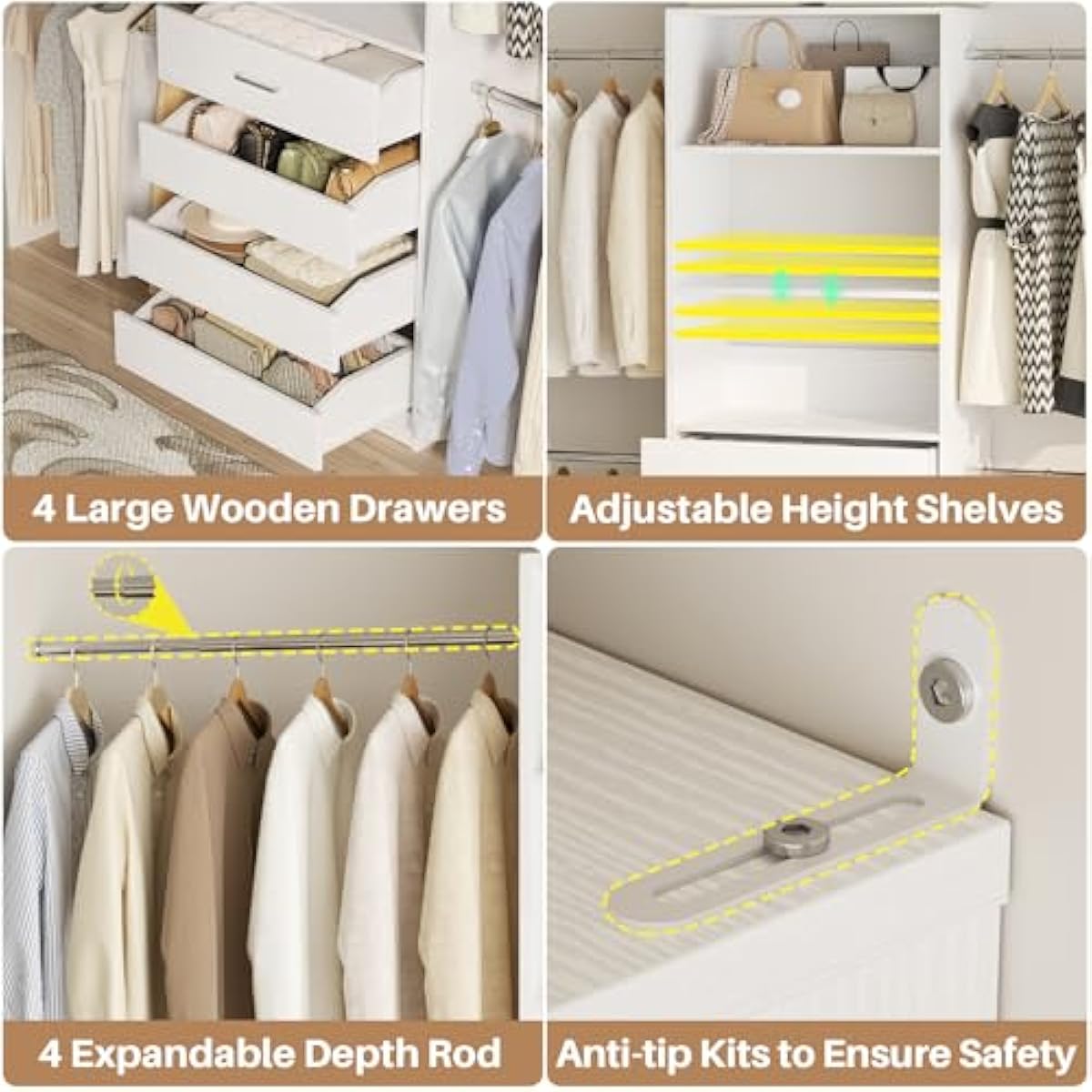 Aheaplus Closet System, 4-9Ft Closet Organizer with 4 Wooden Drawers, Wood Closet Organizer System with Tower, Walk-in Closet Organizer Wardrobe Clothes Rack with 4 Hanging Rods, Garment Rack, White