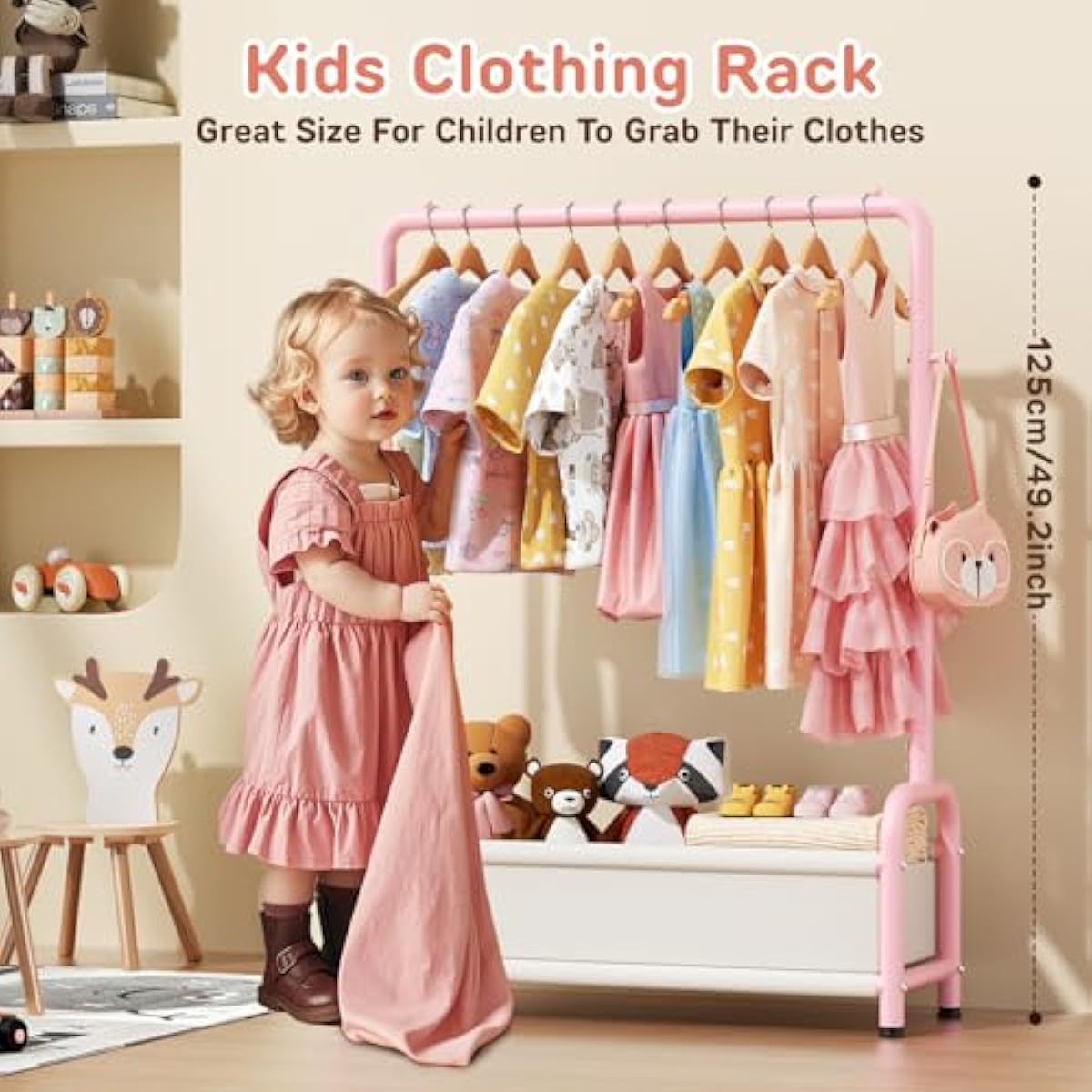 Kids Clothing Rack with Storage Shelf, Kids Dress Up Storage for Coats, Small Baby Garment Rack for Hanging Clothes, Toddler Wardrobe Closet Organizer (Classic, Pink)