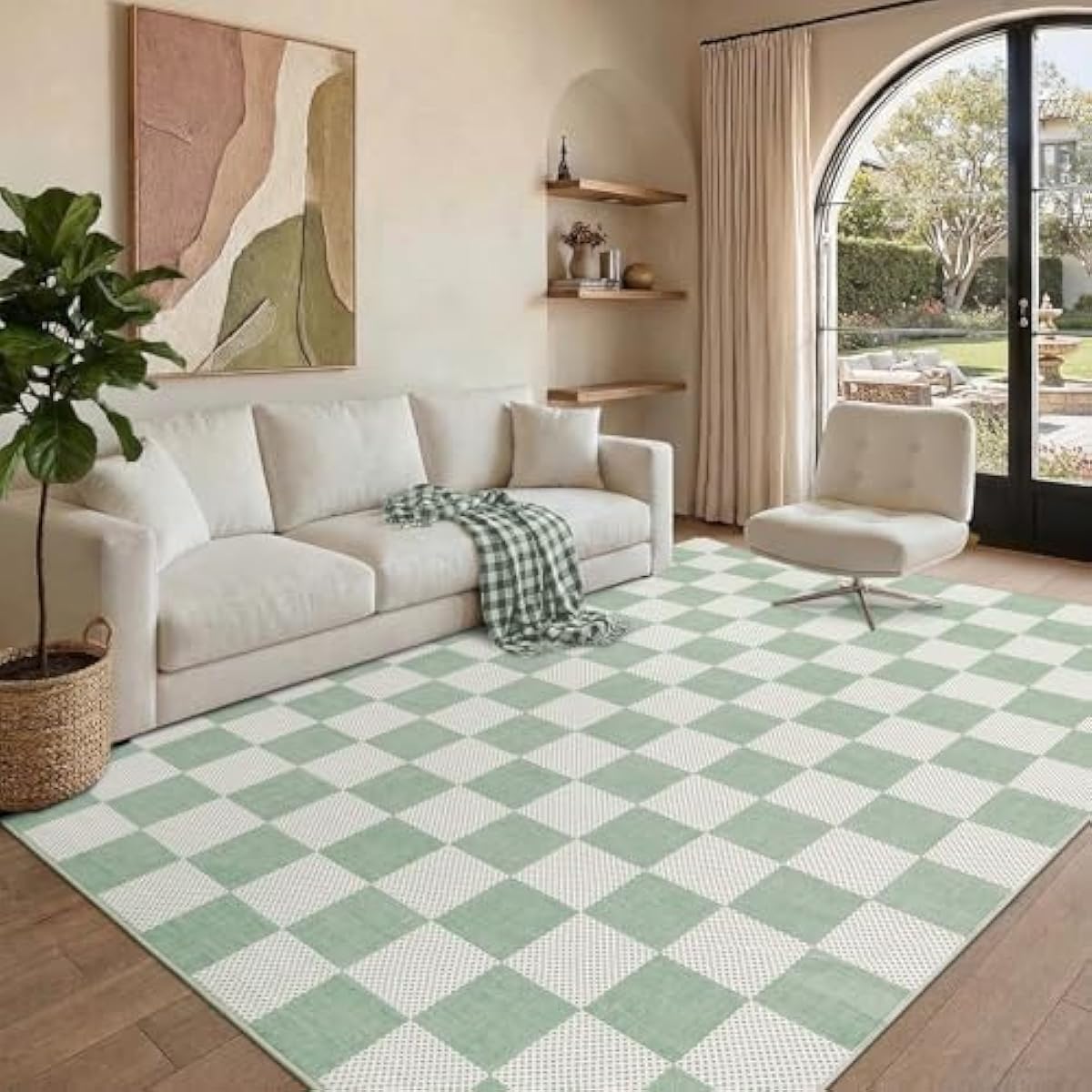 Checkered Sage Green 4x6 Washable Rug Geometric Diamond Dot Modern Soft Low-Pile Girls Small Rug for Bedroom Nursery Living Room Entryway Non-Slip TPE Backing