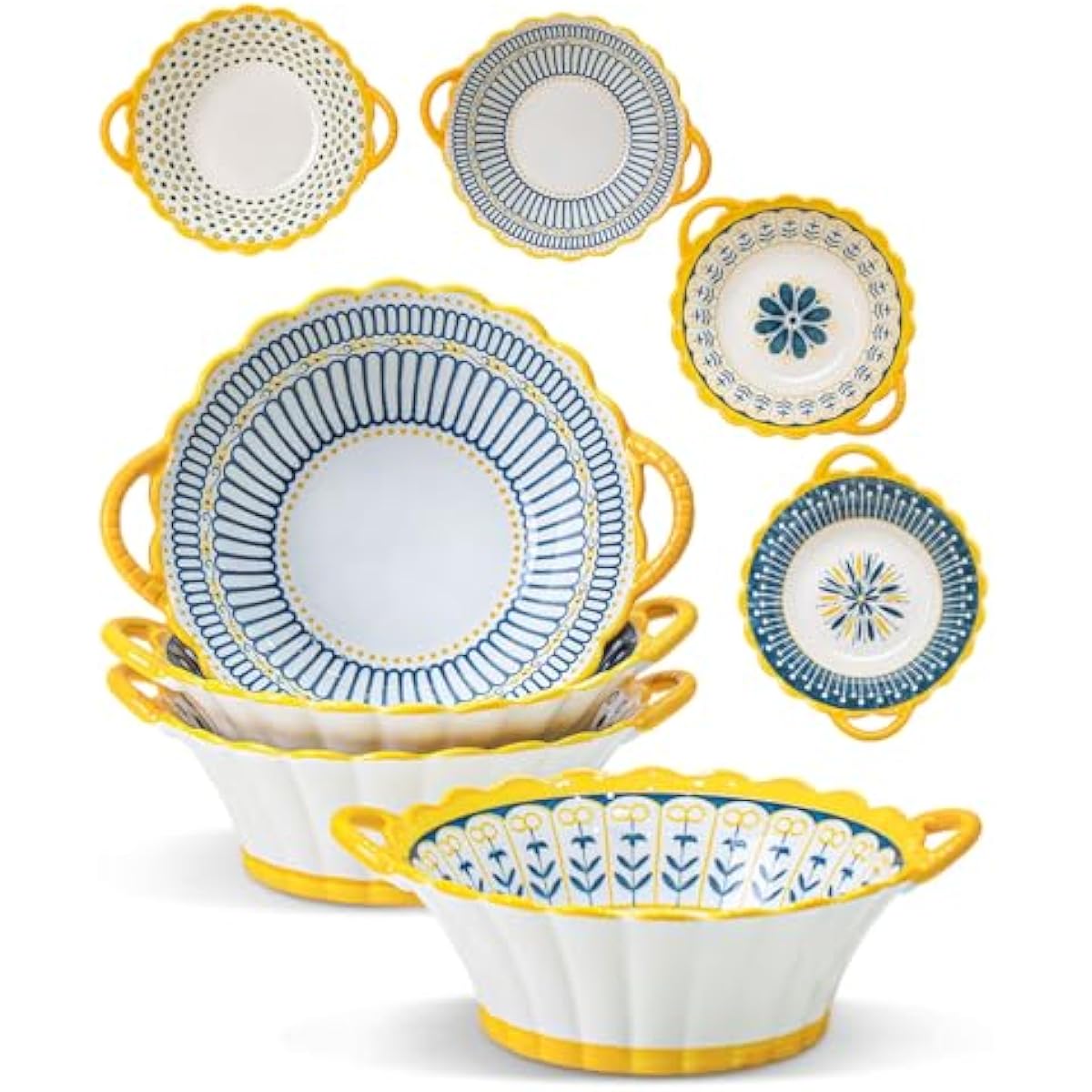 Yeacccng Bohemian Soup Bowls with Handles Set of 4, 20 Oz Indented Grooved Ceramic Bowls, 6.5 Inch French Onion Soup Bowls, Lead-Free, Scratch-Resistant, Oven/Microwave Safe