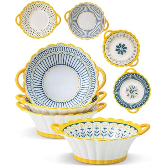 Yeacccng Bohemian Soup Bowls with Handles Set of 4, 20 Oz Indented Grooved Ceramic Bowls, 6.5 Inch French Onion Soup Bowls, Lead-Free, Scratch-Resistant, Oven/Microwave Safe