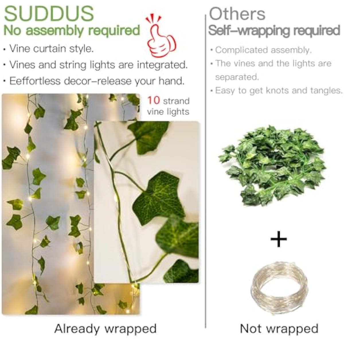suddus Vines with Light for Bedroom, 200 LED Fairy Lights with Vines, Ivy Curtain Lights for Dorm, Wedding, Party, Wall, Indoor, Outdoor Decor, 6.5ft x 6.5ft