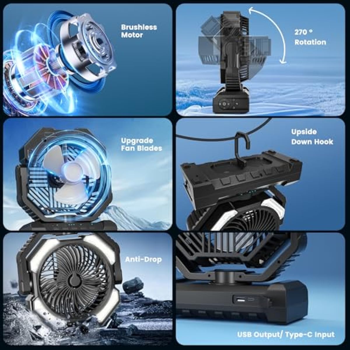 20000mAh Portable Misting Fan, USB Rechargeable Camping Fan with LED Light, Battery Operated for Outdoor, Tents, Beach, Travel - 250mL Water Tank & Hook Included, Black.