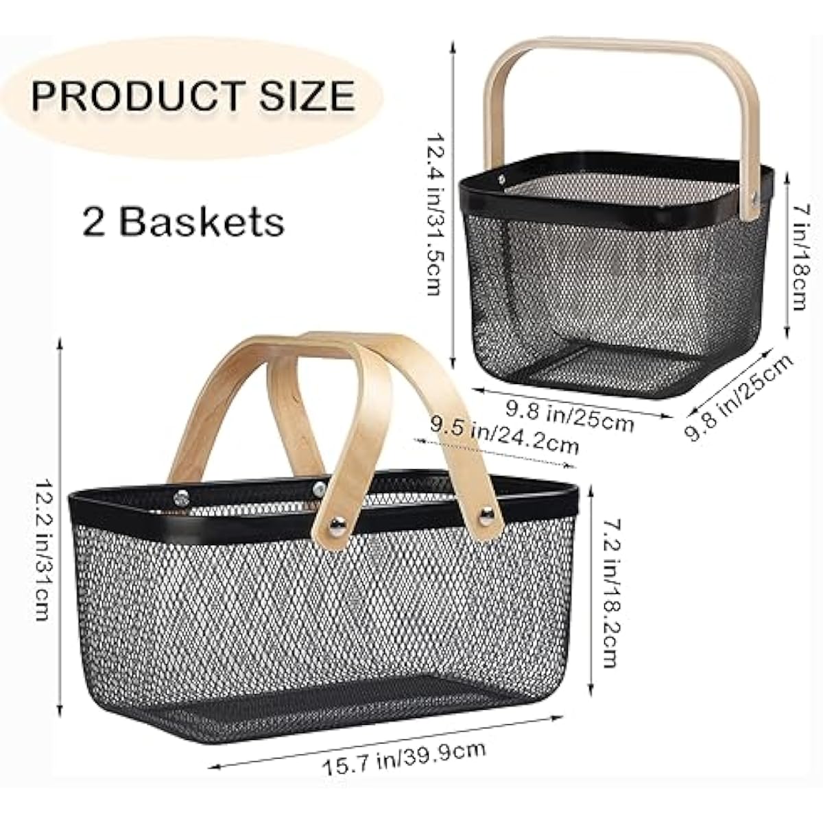 Cheardia 2 Pack Picnic Baskets, Metal Mesh Harvest Basket with Foldable Wooden Handle, Rectangle Garden Storage Basket Bin for Vegetable Fruit Garden Kitchen Cabinet Picking Gathering