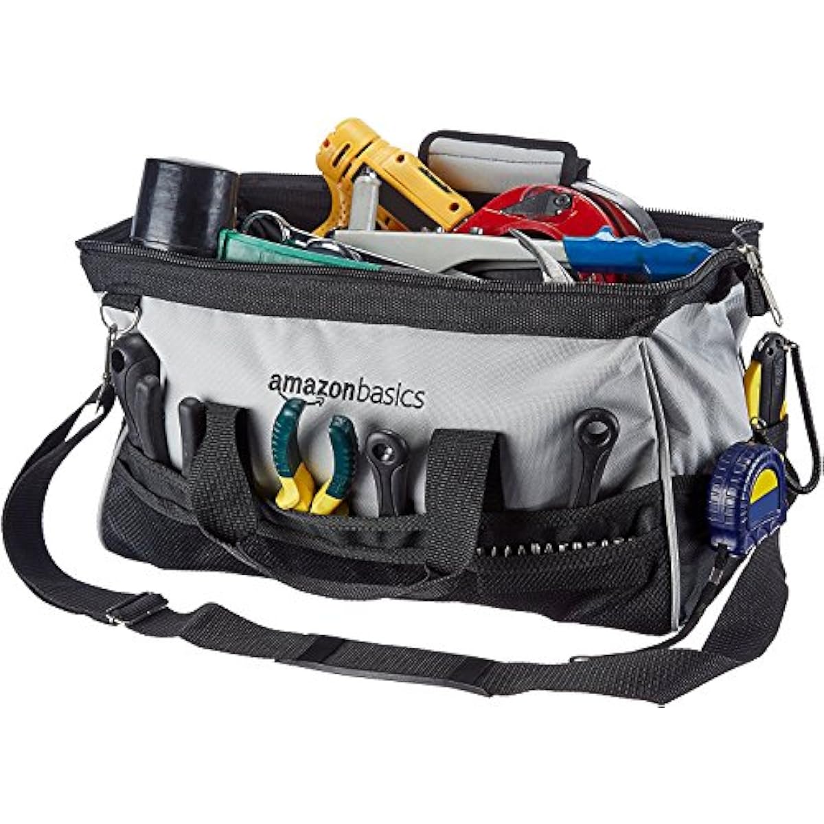 Amazon Basics Durable Wear-Resistant Tool Storage Bag with Adjustable Shoulder Strap, Portable Tool Organizer, 16 in, Black & Grey