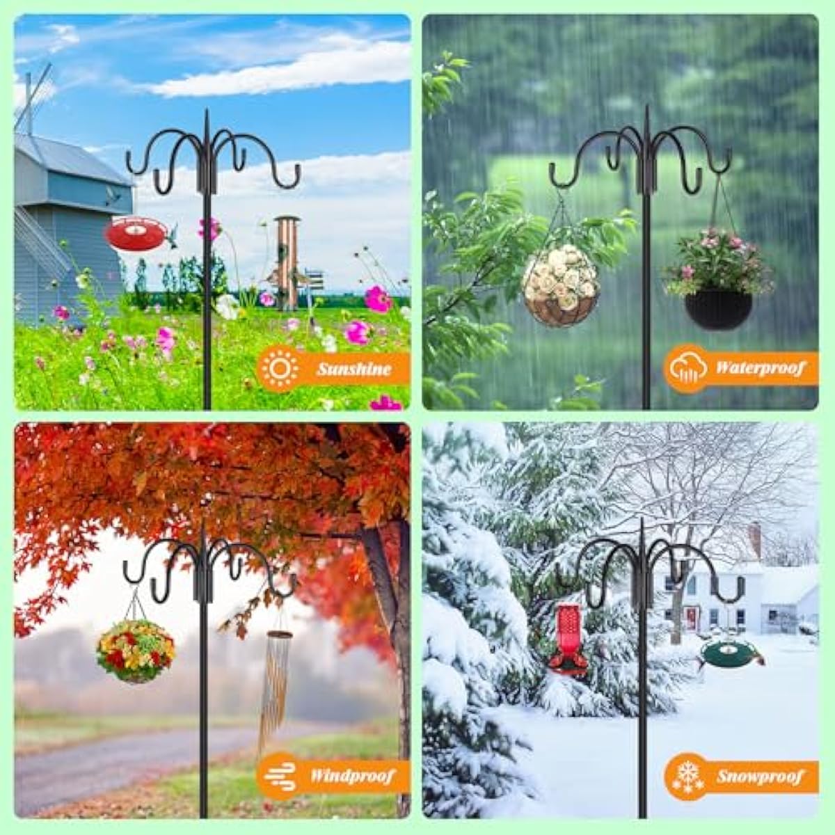 FEED GARDEN 4-Hook Squirrel-Proof Bird Feeder Pole - 92" Heavy-Duty Shepherd's Hook with 5-Prong Base & 19" Baffle for Multiple Feeders & Plants