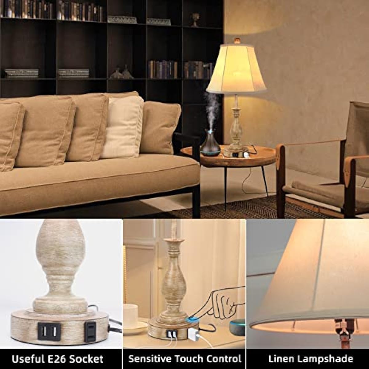 Farmhouse Table Lamp Touch Control 3-Way Dimmable Table Lamp, Modern Nightstand Lamp with 2 USB Port Bedside Desk Lamp with Fabric Shade for Living Room Bedroom Hotel (Pack 1-Beige Shade)