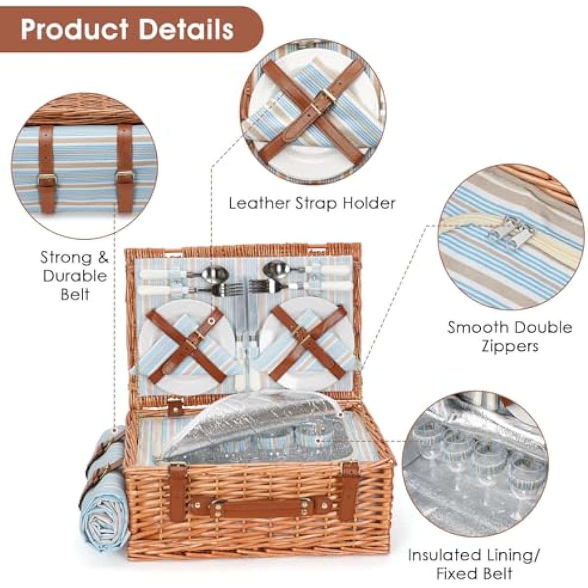 HappyPicnic Wicker Picnic Basket Set for 4 Persons | Large Willow Hamper with Large Insulated Cooler Compartment, Waterproof Blanket and Cutlery Service Kit-Classical Brown