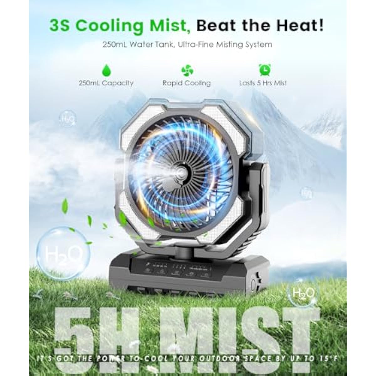 Camping Misting Fan - 24000mAh Portable Battery Powered Fans with 9oz Water Tank, Light, Hook - Rechargeable, 120H Cooling, Last 5H Mist, 4 Speed, Sleep Mode - Outdoor Gear, Travel Essentials