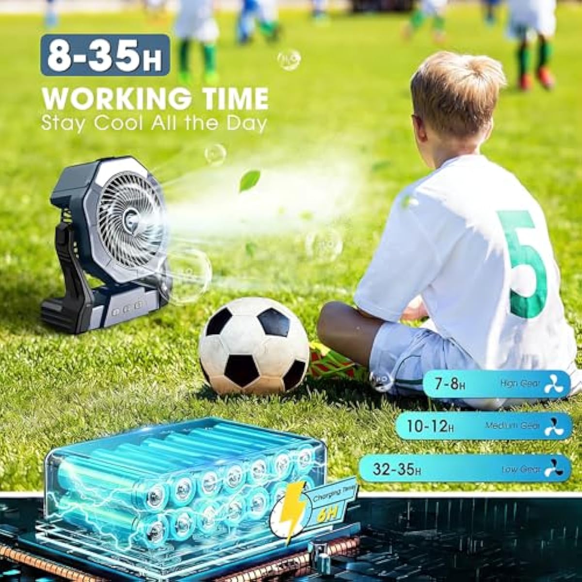 Ausic Portable Misting Camping Fans, [Max 35H Runtime] Outdoor Cooling Fan for Patios, 8 Inch Battery Operated Rechargeable Fans, Water Spray Fan with LED Light, Travel Beach Camp Essential
