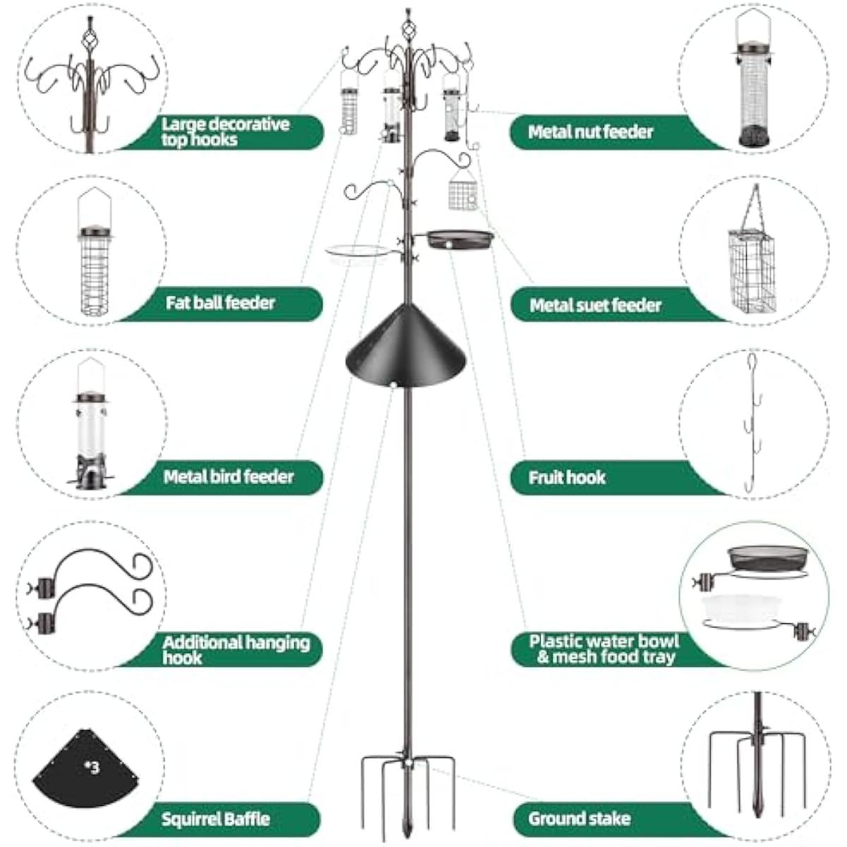 Bird Feeding Station Kit with Squirrel Baffle Bird Feeder Pole with Suet Cage Mesh Tray Fruit Hook Double W Hook for Attracting Wild Birds and Hanging Planter Hanger Lights