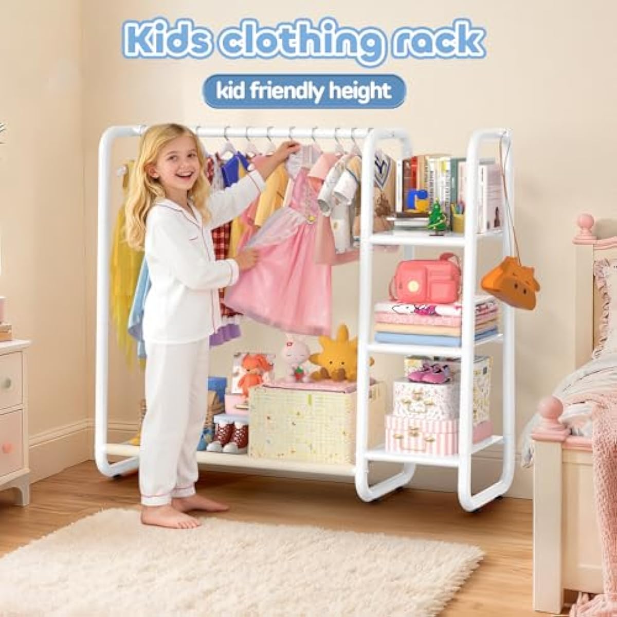 Kids Clothing Rack: Portable Kids Dress up Rack with 4 Storage Shelves & Coat Hook,Sturdy Closet Organizer for Toddler Baby Playroom Bedroom Use(Classic,White)