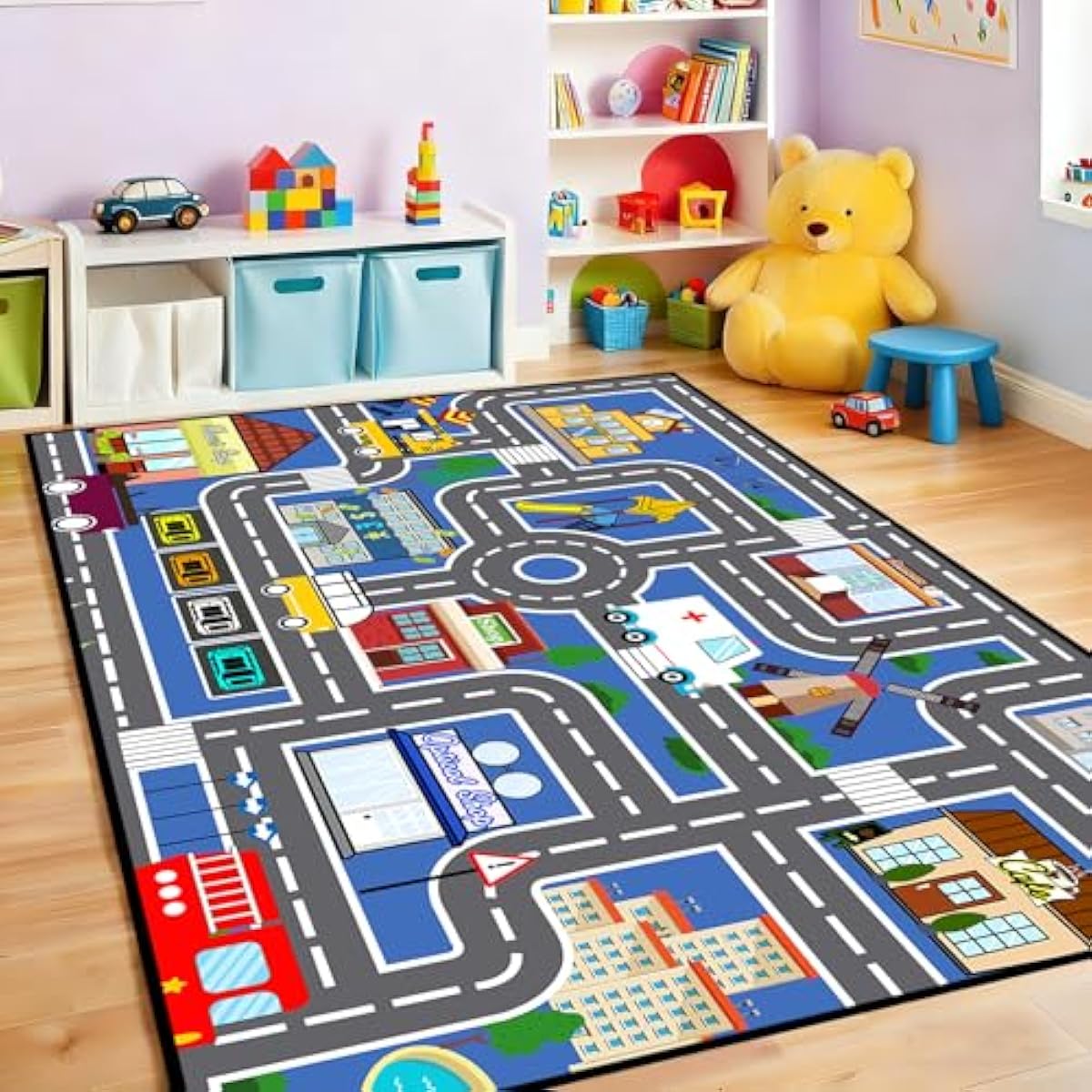 5x7 ft Kids Car Rug - Large Blue Traffic Road Play Mat for Cars, Educational City Play Carpet for Playroom, Nursery & Bedroom Decor