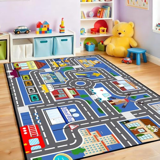 5x7 ft Kids Car Rug - Large Blue Traffic Road Play Mat for Cars, Educational City Play Carpet for Playroom, Nursery & Bedroom Decor