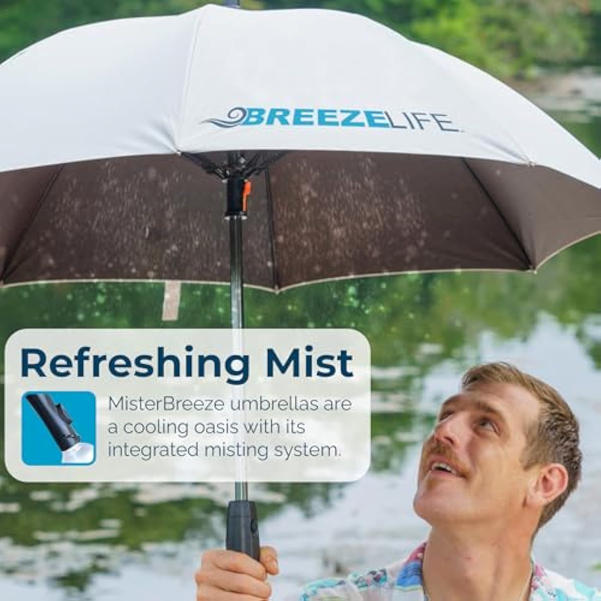 Breeze Life Original Mister Breeze (Silver Design) – Sun Umbrella with Fan and Mist Spray – Portable Fan Umbrella with Mister, 41" UV Shade, 3–4 Hr Runtime – Ideal for Festivals, Beach & Sports