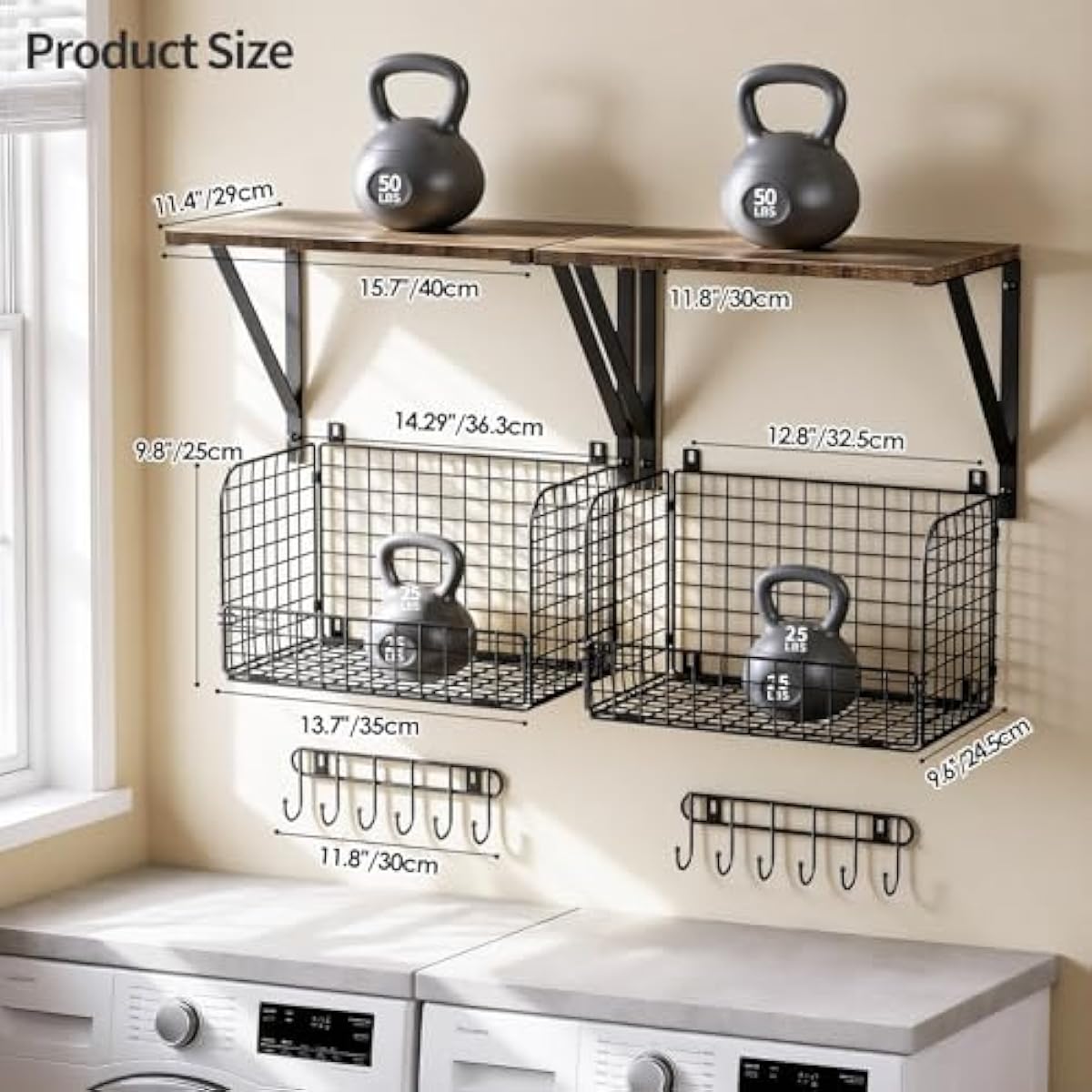 Housolution Garage Shelving Wall Mounted, Heavy-Duty Garage Wall Shelving with Baskets & Hooks Supports up to 154 LBS in Total, Tool Storage Organizer for Home, Garden, Kitchen, Laundry Room
