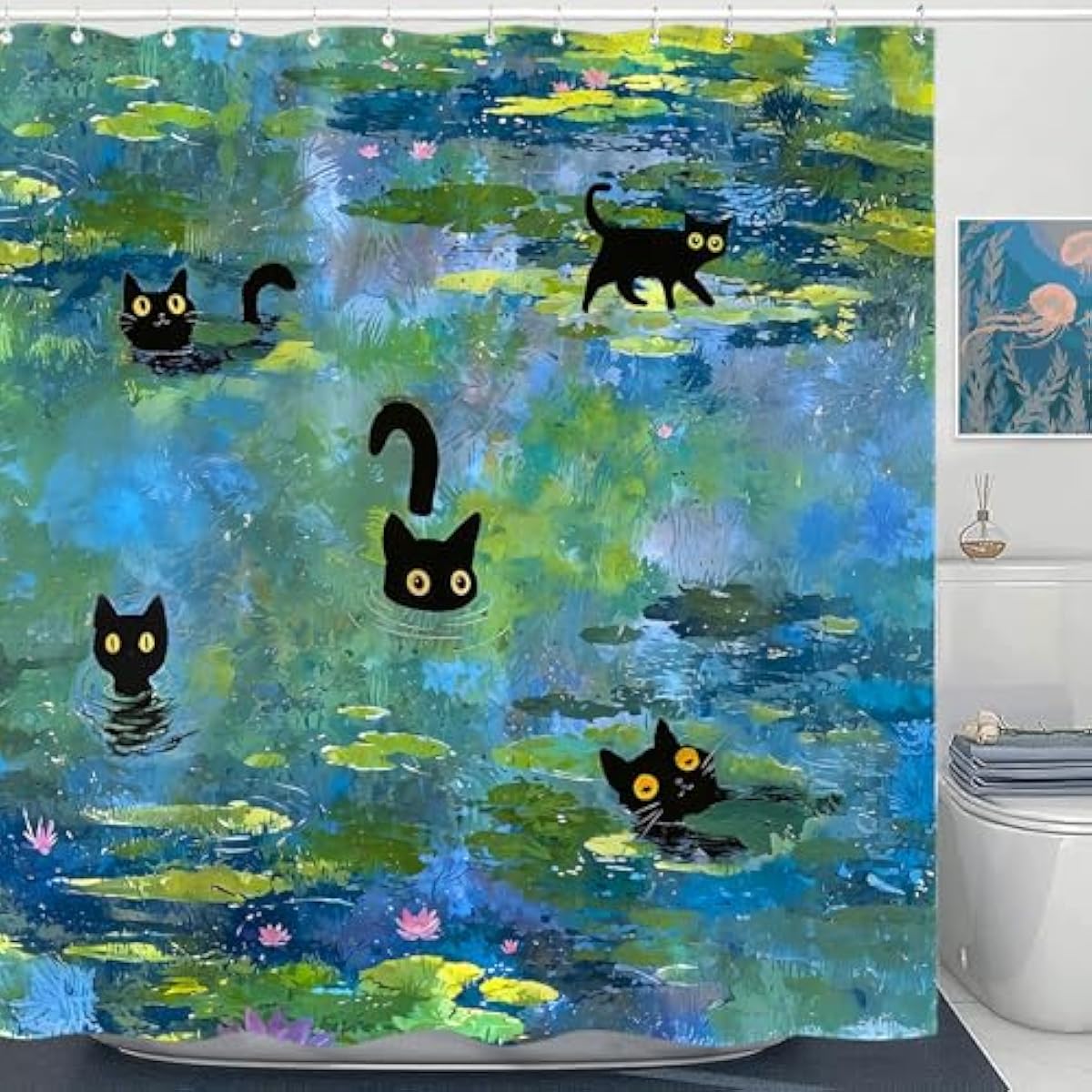 Accnicc Cute Cat Shower Curtain Funny Fun Cool Cats Monet Shower Curtains for Bathroom Water Lilies Waterproof Fabric Bath Curtain Decor 72 X 72 Inch