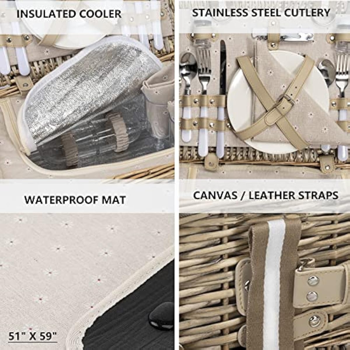 31Pcs Picnic Basket Set for 4 with Insulated Liner and Waterproof Blanket Wine Pouch, Large Wicker Picnic Hamper for Camping,Outdoor,Valentine Birthday Christmas for Couples
