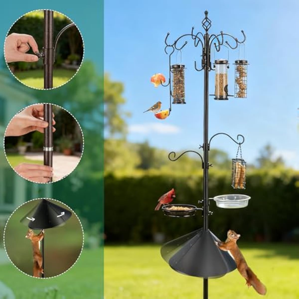 Bird Feeding Station Kit with Squirrel Baffle Bird Feeder Pole with Suet Cage Mesh Tray Fruit Hook Double W Hook for Attracting Wild Birds and Hanging Planter Hanger Lights