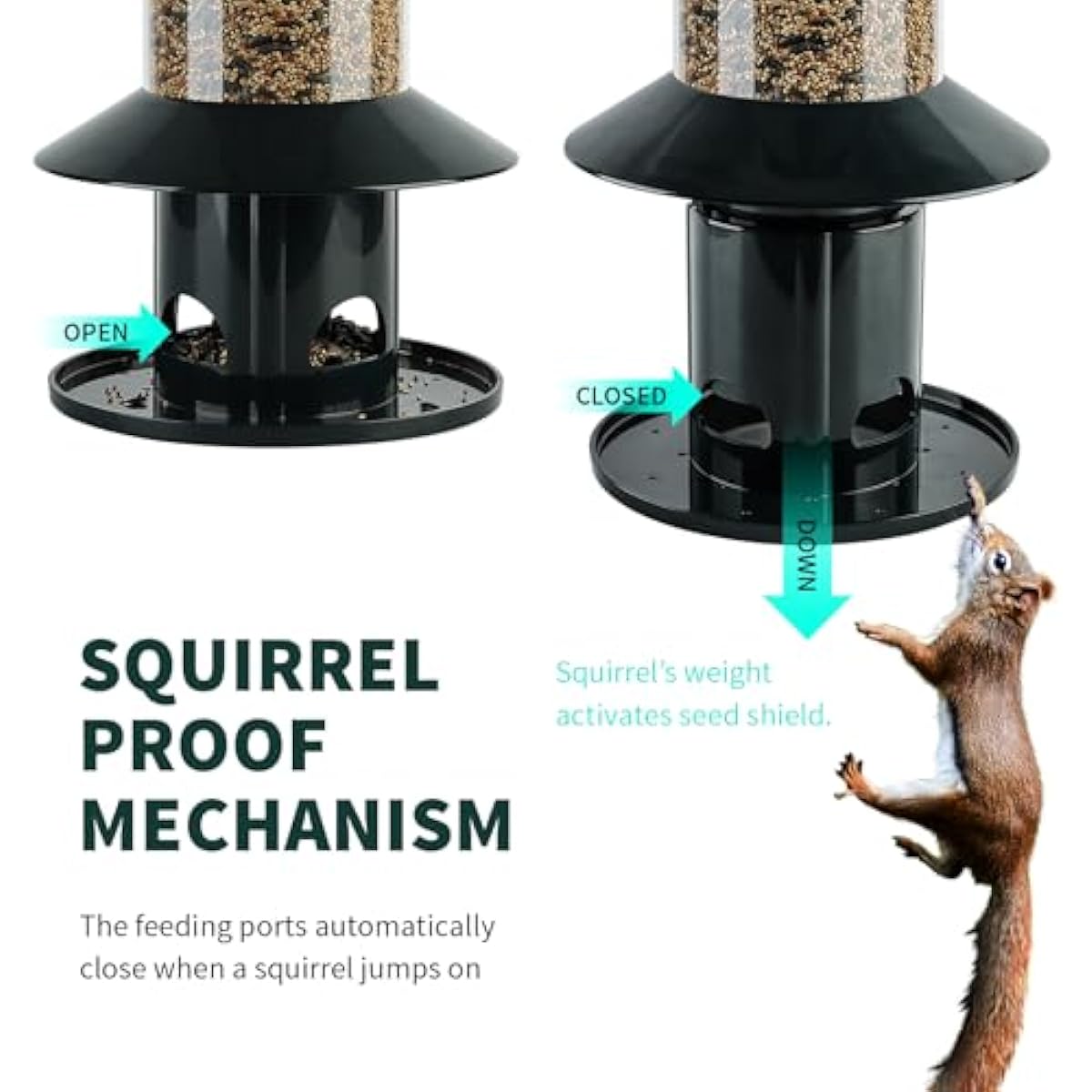 Squirrel Proof Bird Feeder - 360° Feeding Perch Tray for Outdoor Hanging Wild Bird Seeds, Dark Green.