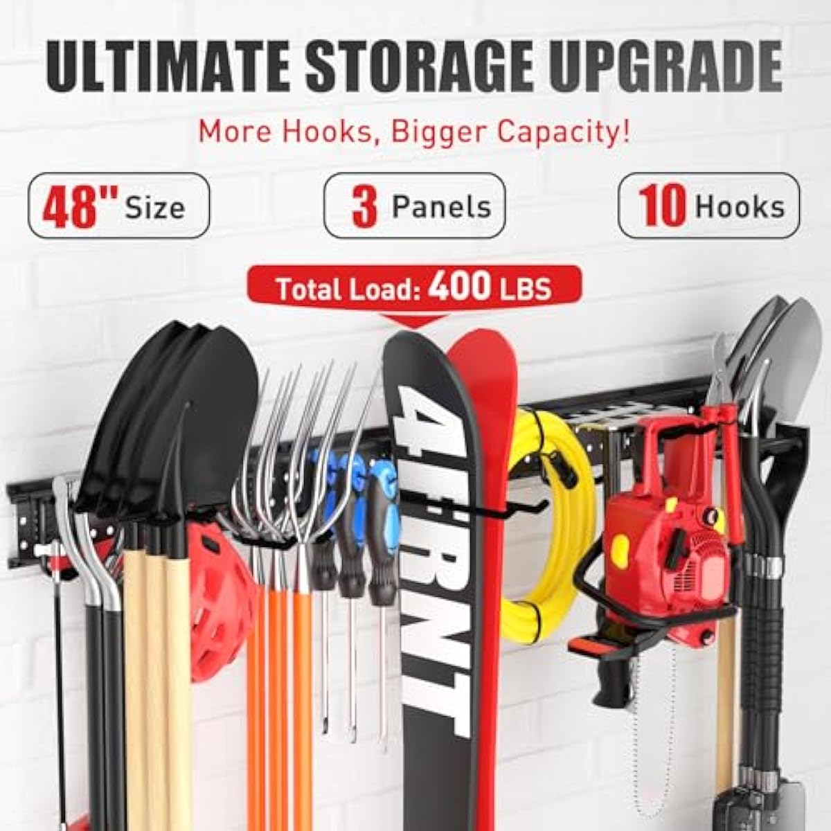 Garage Tool Organizer Wall Mount 48 inches with 10 Adjustable Heavy-Duty Hooks, Garage Organization, Garden Tool Storage Rack, Yard, and Shed, Holds Up to 400 lbs