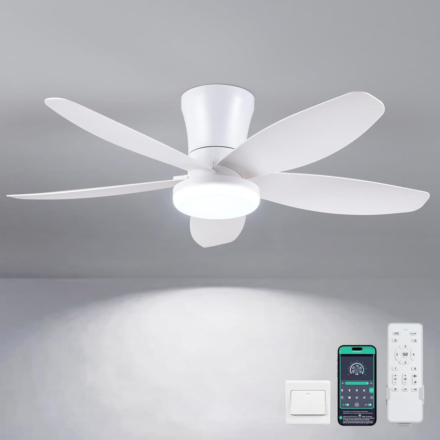 42" Ceiling Fans with Lights-Low Profile Ceiling Fan with Light and Remote/APP Control,Flush Mount,DC Reversible,LED Dimmable Blakc Ceiling Fans for Bedroom,Indoor/Outdoor Patio Use