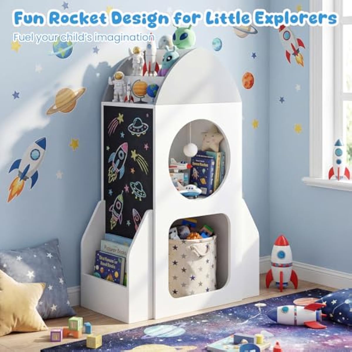 Costzon Rocket Kids Bookshelf, Toddler Toy Storage Organizer w/Chalkboard, 2 Cubbies and Open Shelf, Wooden Children Bookcase for Classroom, Playroom, Daycare, Nursery (White Rocket)
