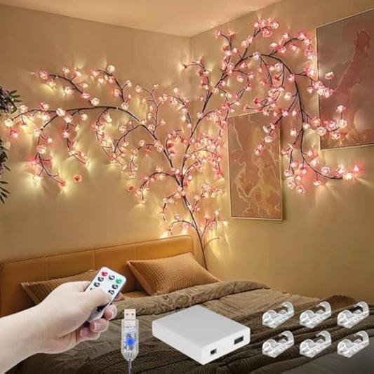 Cherry Enchanted Willow Vine Lights, 4FT 48LED Pink Cherry Blossom Tree Branch Lights for Wall, Remote Timer,8 Light Model,Bedroom Wall Doors Wedding, Christmas, USB Battery Box