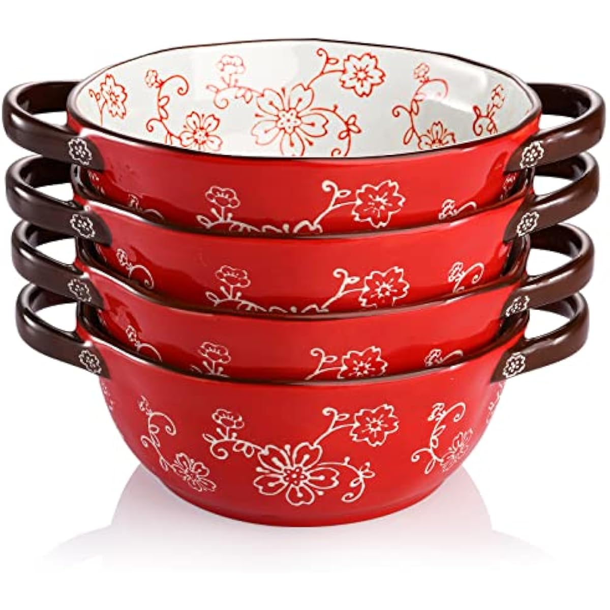 AVLA 4 Pack Ceramic Soup Bowls, 22 Ounces Porcelain Serving Bowl Set with Doundle Handle, Large Ceramic Crocks for French Onion Soup, Stew, Pasta, Cereal, Pot Pies (Red)