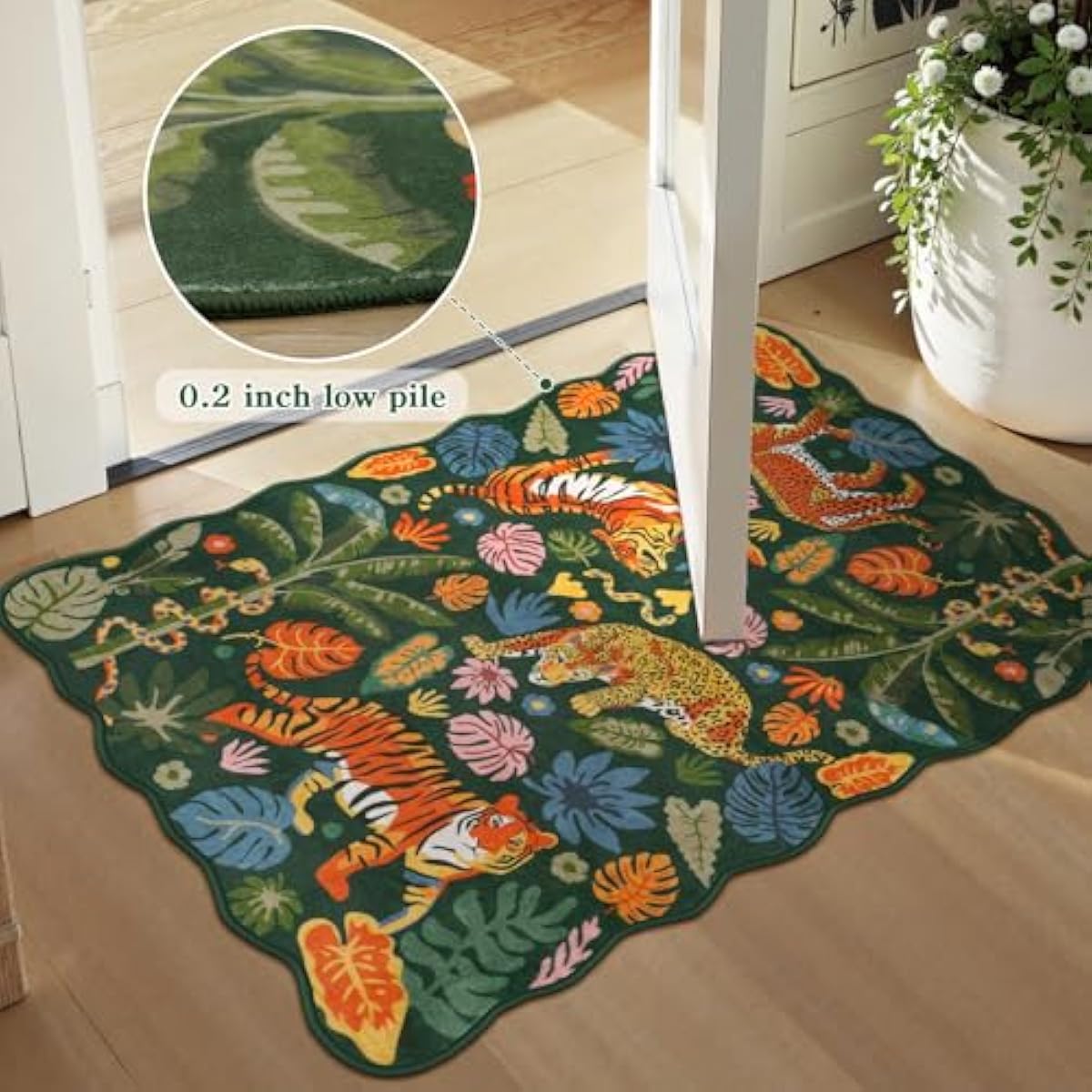 LEEVAN Jungle Animal Nursery Rugs 5x7, Washable Green Tiger Living Room Rugs Non Slip Scalloped Tiger Bedroom Rug, Low Pile Leopard Floor Carpet Leaf Print Kids Rug