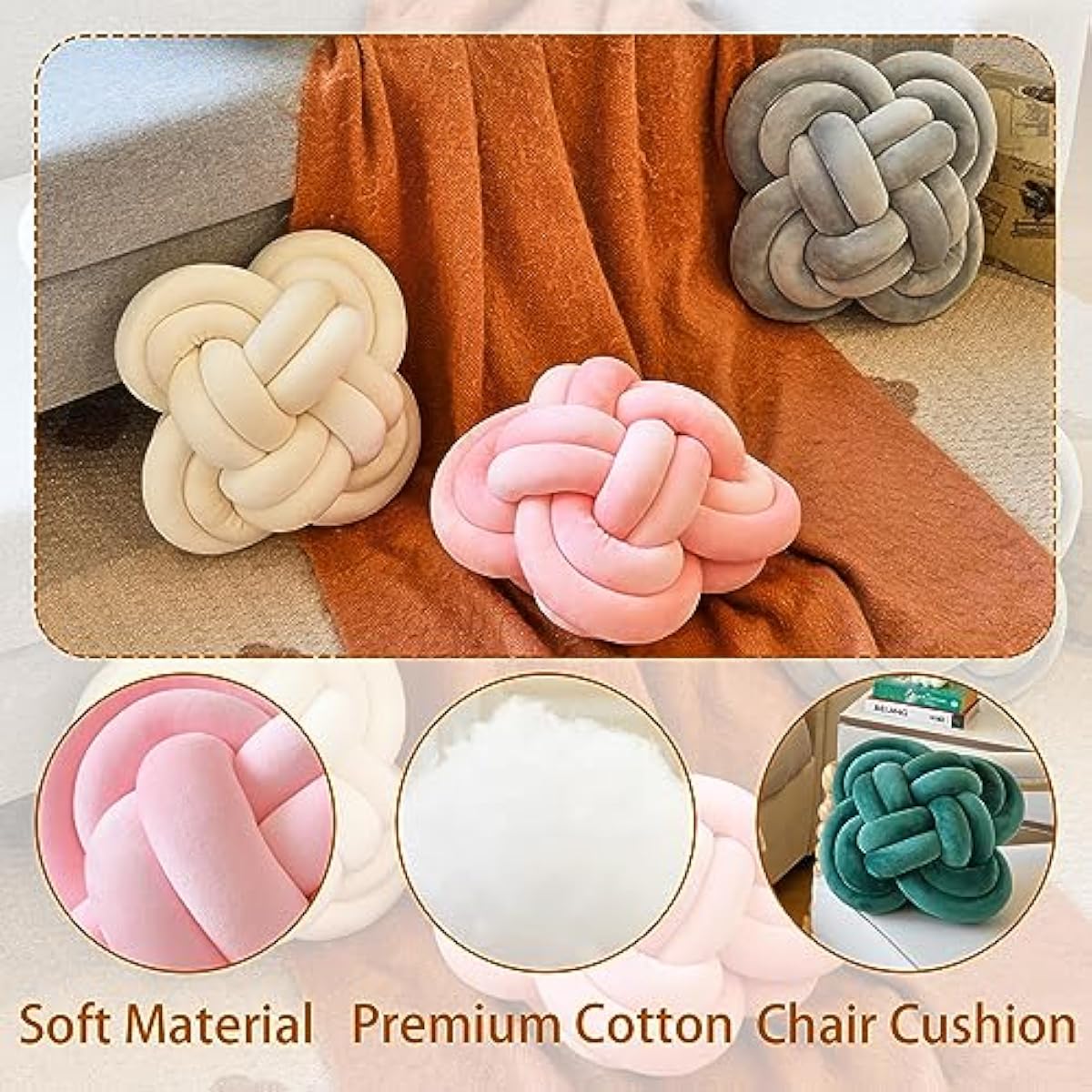 Xuyier Knot Pillow Ball, Decorative Throw Pillows with Velvet Fabric for Couch Bed, 12" Decor Knotted Square Floor Pillow Cushions for Living Room (12 Inches, Beige)