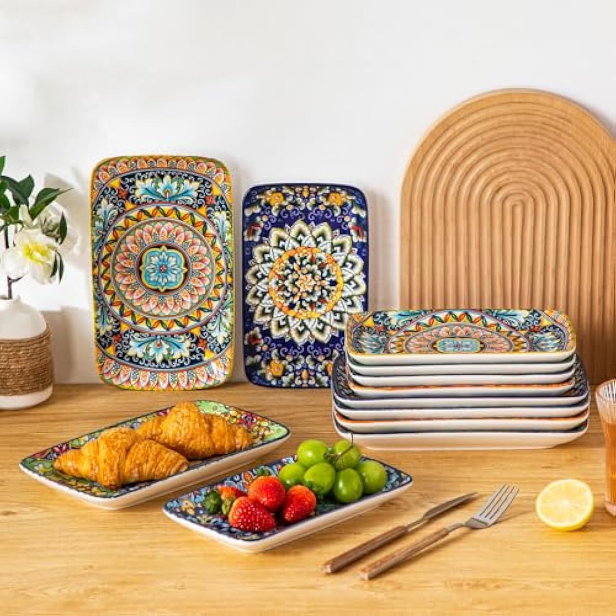 vancasso Simi 6-Piece Ceramic Salad Plates Set - 8.5 Inch, Rectangular Dessert Plates for Sushi, Appetizer, Cake - Microwave & Oven Safe, Porcelain Plates for Kitchen Decor