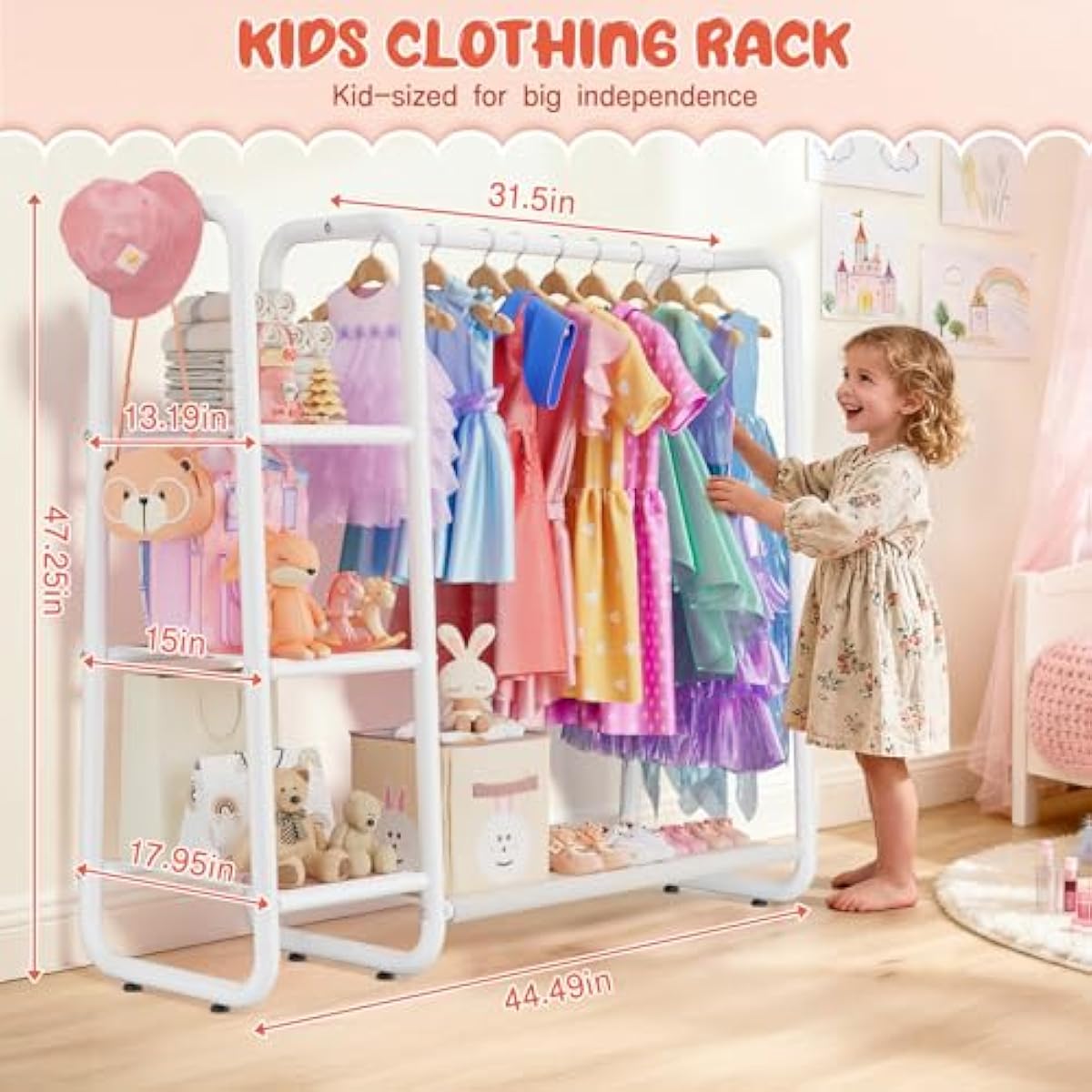 Kids Dress Up Storage with 4 Storage Shelf, More Storage Space Kids Clothing Rack for Costume Organizer Playroom Kids Girls Bedroom Nursery Organizer (Classic, White)