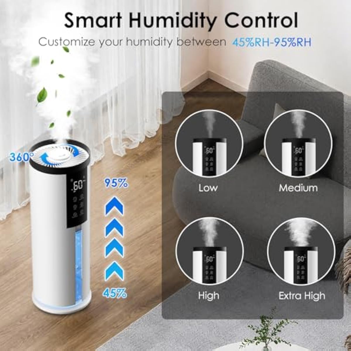 Humidifiers for Large Room 550 ft² - GloryAir 8L Cool Mist Humidifier for Bedroom Home Plants Baby, Top Fill, 120H Runtime, 4 Mist Spray Levels, 7-Color Light, 35dB Quiet Humidifier
