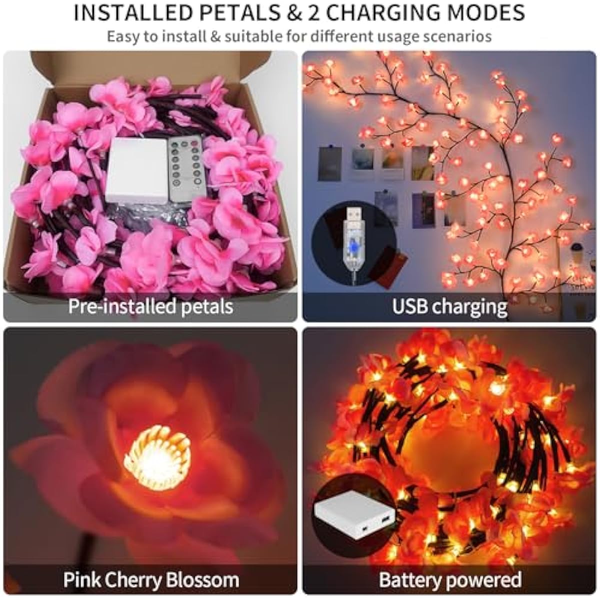 Cherry Enchanted Willow Vine Lights, 4FT 48LED Pink Cherry Blossom Tree Branch Lights for Wall, Remote Timer,8 Light Model,Bedroom Wall Doors Wedding, Christmas, USB Battery Box
