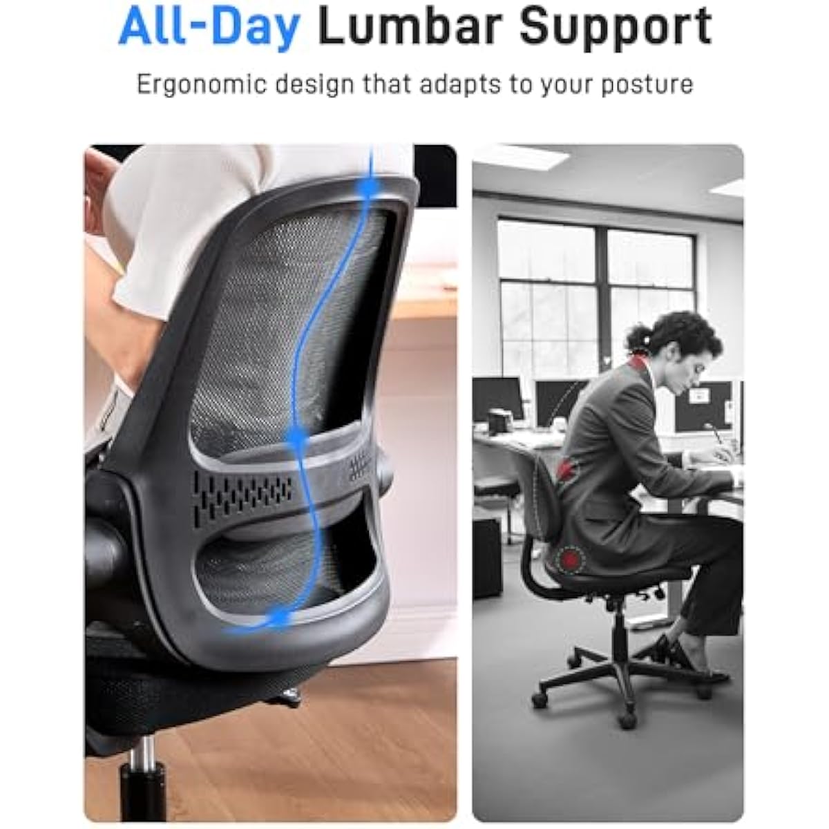 Ergonomic Mesh Office Chair for Home Office, Flip-Up Arms, Breathable Mesh Back & Thick Seat Cushion, Swivel Rolling Computer Desk Chair, BIFMA Certified, Supports 300 lbs (Black Frame/Black Seat)