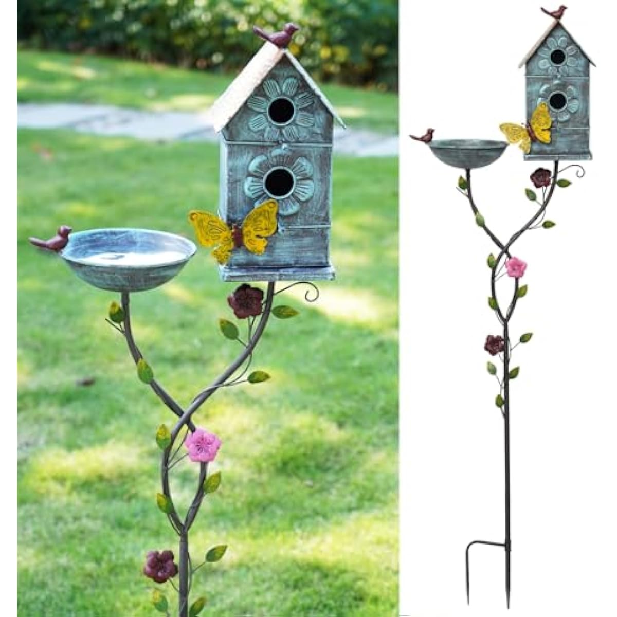 57" H Metal Bird Bath Bowl and Bird House 2-in-1 Design for Outdoors, Garden Yard Decor