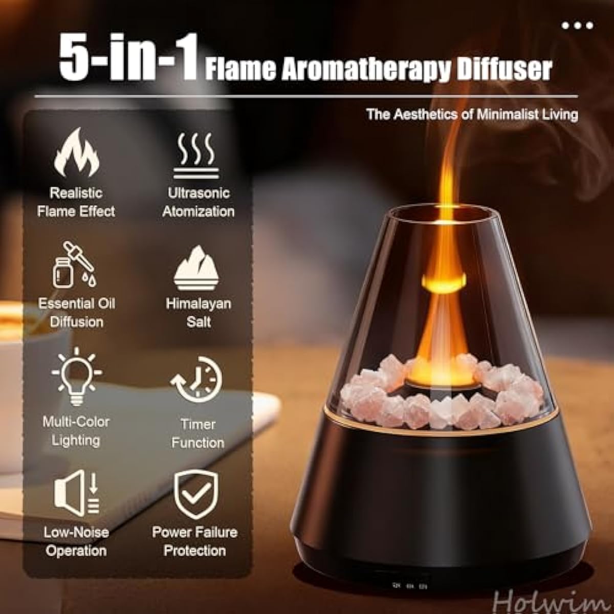 Flame Essential Oil Diffuser, Aromatherapy Diffuser with 7 Colors Firelight, Ultrasonic Cool Mist Mini Flame Humidifier Diffuser with Waterless Auto-Off & Timer for Home Office (Black)