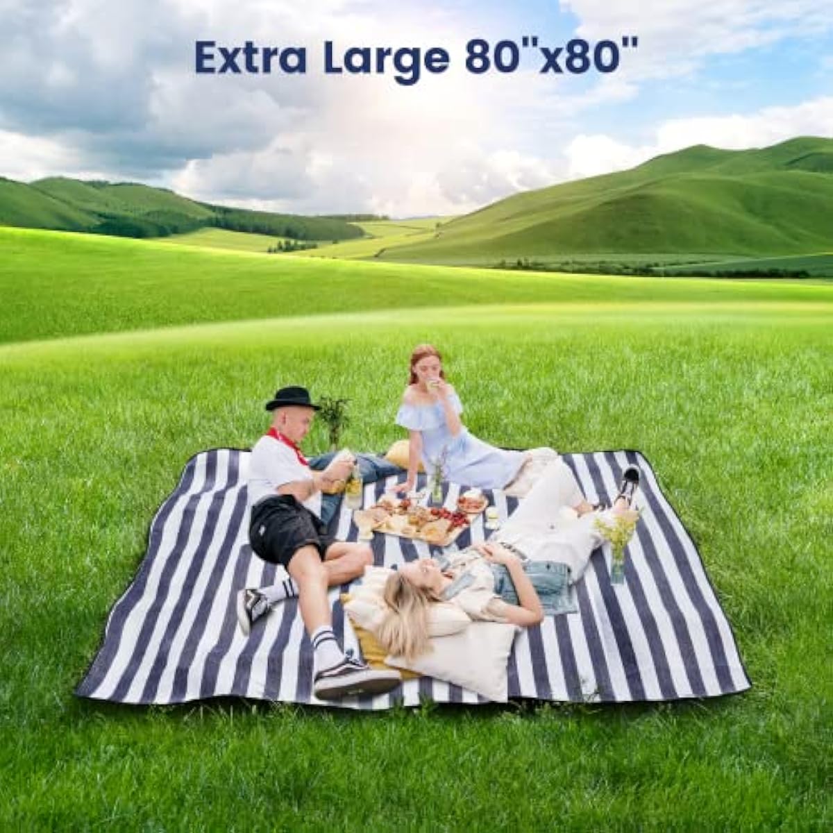 sapsisel 80”x 80” Picnic Blanket Extra Large, Waterproof and Foldable Beach Blanket, 3-Layer Outdoor Blanket for 6 to 8 Adults, for Camping, Park, Beach, Grass, Indoors…