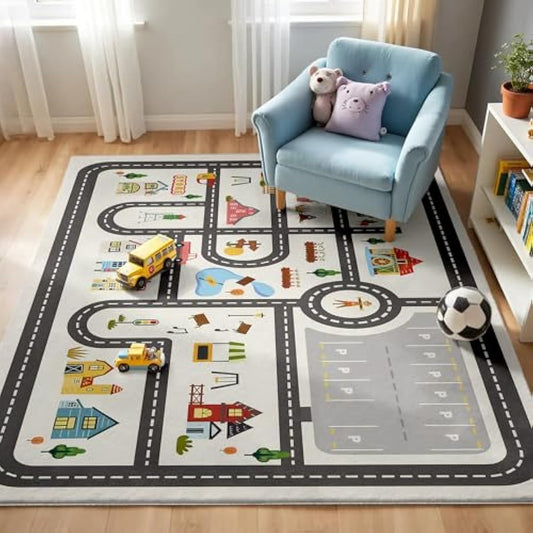 5x7ft Kids Town Road Play Rug - Non-Slip Faux Wool Carpet with Interactive City Map Design, Educational Toy Vehicle Mat for Kids, Bedroom Playroom Nursery Gift.