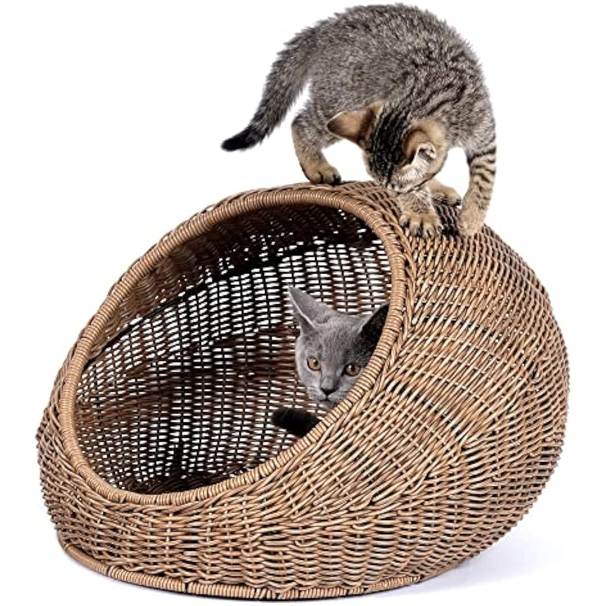 D+GARDEN Wicker Cat Bed Dome for Medium Indoor Cats - a Covered Cat Hideaway Hut of Faux Rattan Houses Pets in Dome Basket, Washable