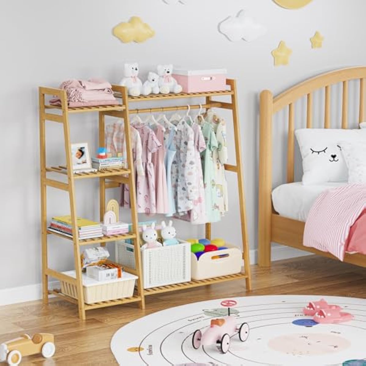 Kids Clothing Rack with Shelves, Bamboo Clothes Garment Rack for Kids Child Baby, Kids Dress Up Storage Rack with Top Shelf, Toddlers Wardrobe Closet for Nursery (Medium Size)