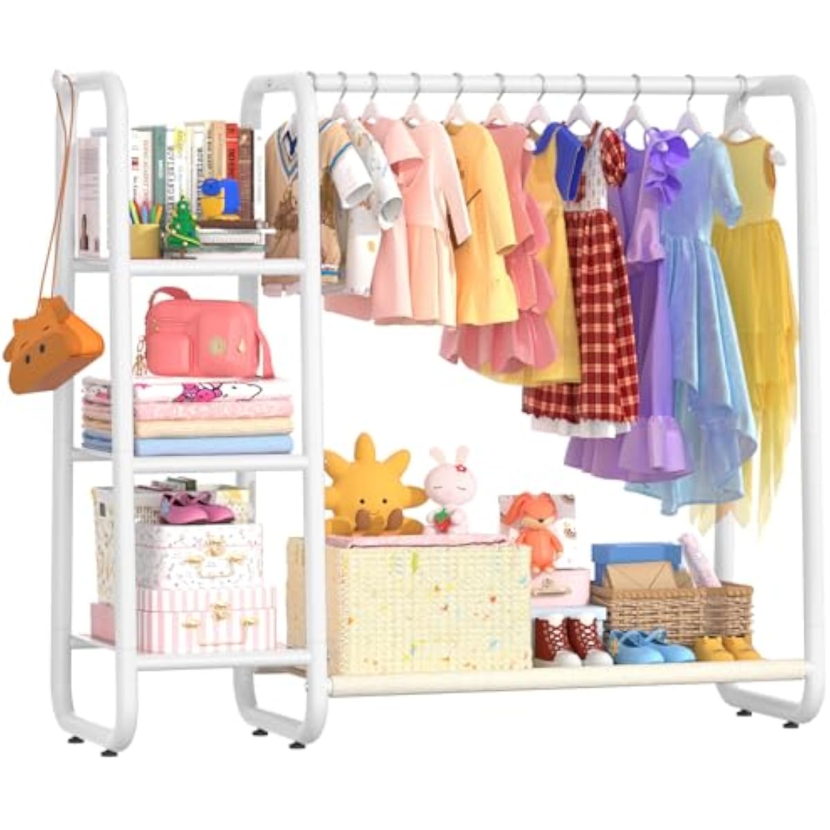 Kids Clothing Rack: Portable Kids Dress up Rack with 4 Storage Shelves & Coat Hook,Sturdy Closet Organizer for Toddler Baby Playroom Bedroom Use(Classic,White)