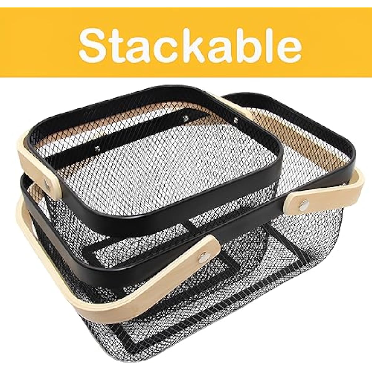 Cheardia 2 Pack Picnic Baskets, Metal Mesh Harvest Basket with Foldable Wooden Handle, Rectangle Garden Storage Basket Bin for Vegetable Fruit Garden Kitchen Cabinet Picking Gathering