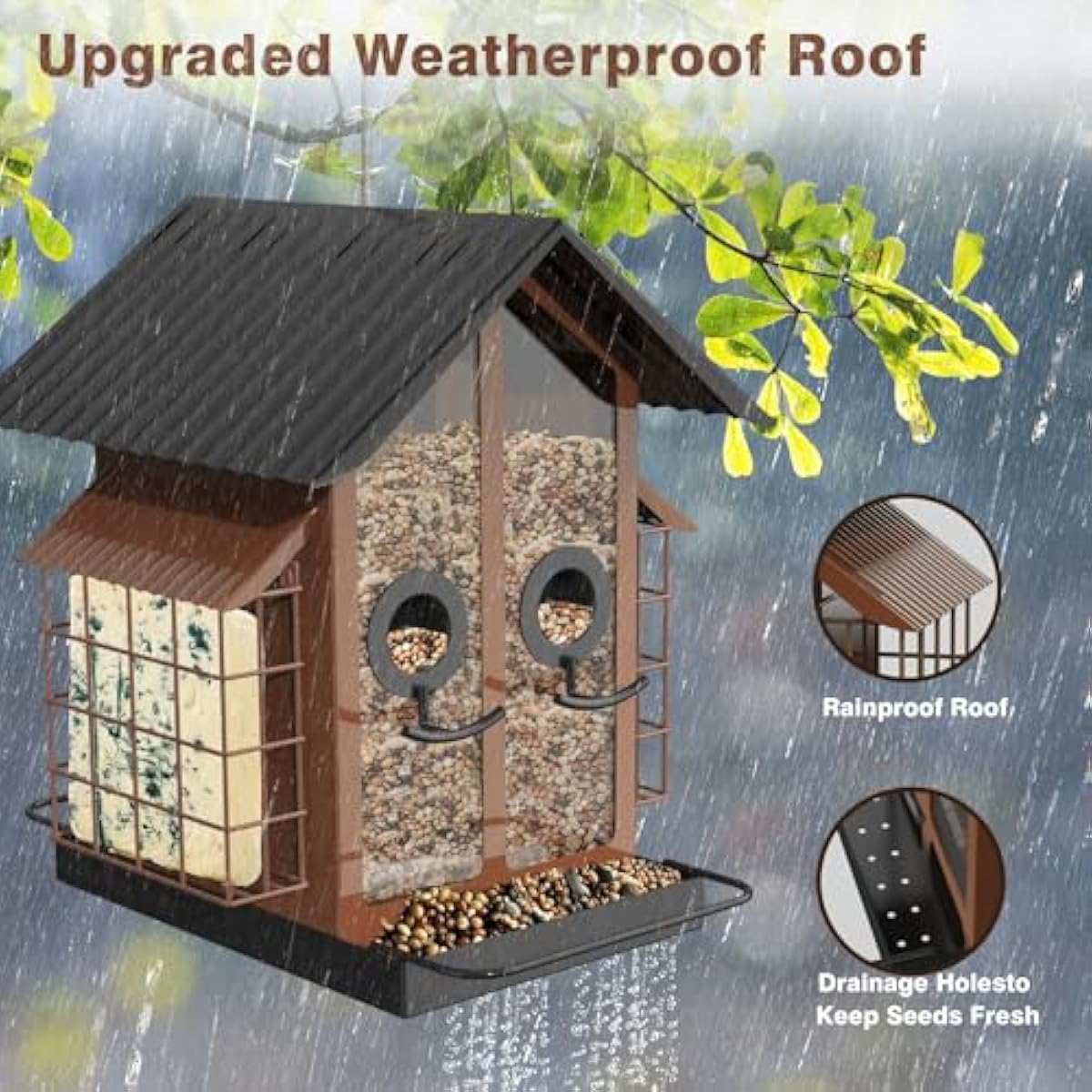 FlowaFoli Bird Feeders for Outdoors, Metal Bird Feeder with Double Suet Cage Weatherproof Metal Roof, 2 in 1 Mixed Seeds Suet Feeder, 4Lbs Large Capacity, Great for Finch、Cardinal、Chickadee（Brown）