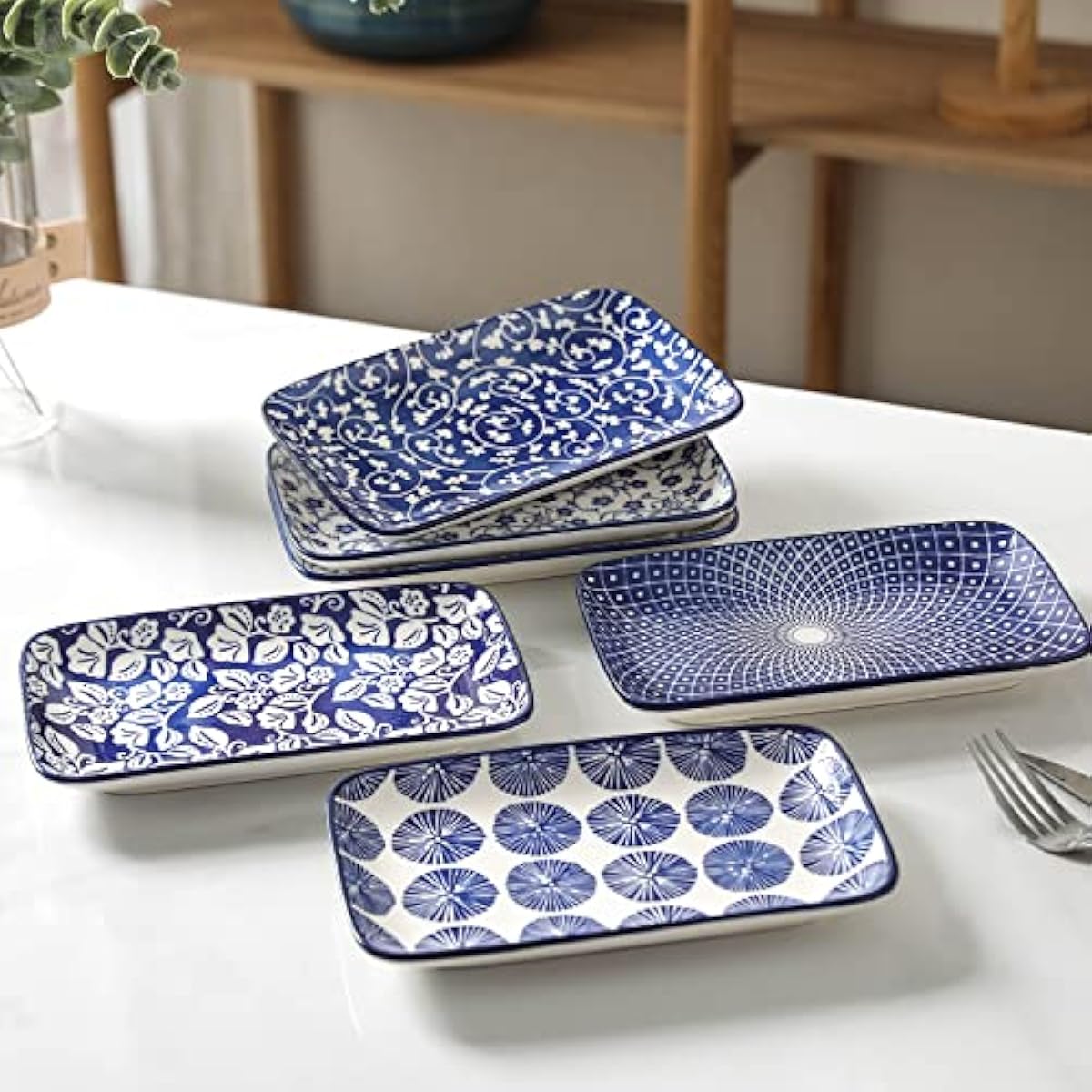Selamica Ceramic 8 inch Rectangular Salad Plates, Dinner Plates, Pasta Dessert Plates for Appetizer, Sushi, Fruit - Microwave/oven/Dishwasher Safe, Set of 6, Vintage Blue