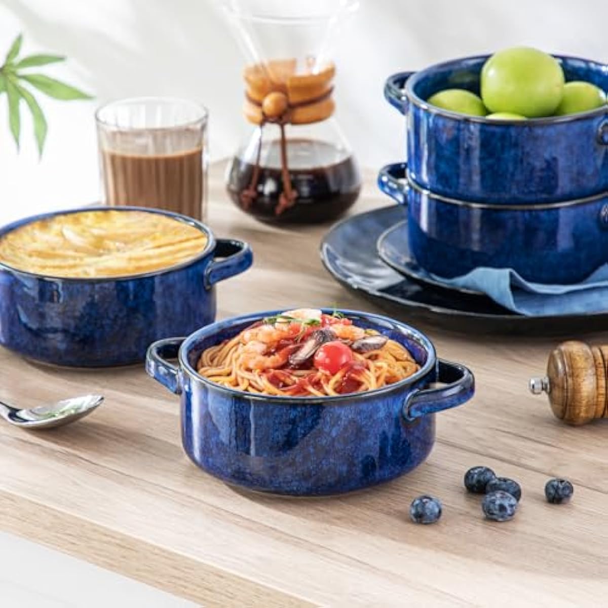 vancasso Starry Soup Bowls with Handles, 30 Oz French Onion Soup Bowls, Oven safe soup bowls for Cereal, Pasta, Chilli, Stew, Large Soup Crocks Set of 4, Blue