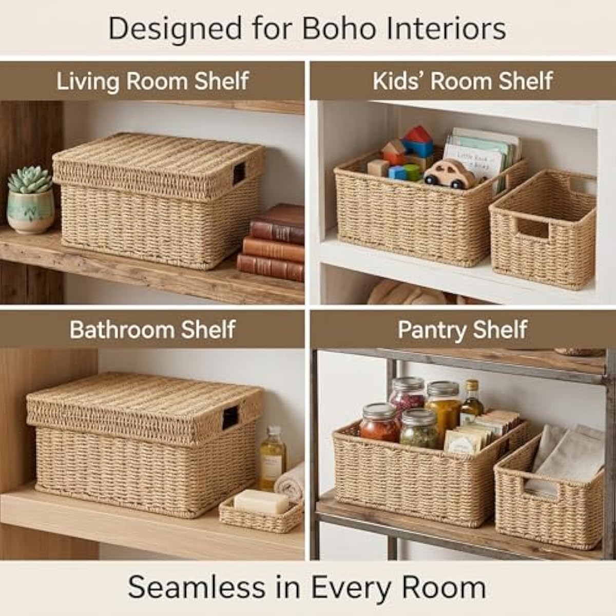 Wicker Storage Basket with Lid - Woven Storage Basket for Organizing,Rectangular Decorative Boxes Bins with Lids for Shelves, living room, Nursery, 2-Piece Set(Natural)